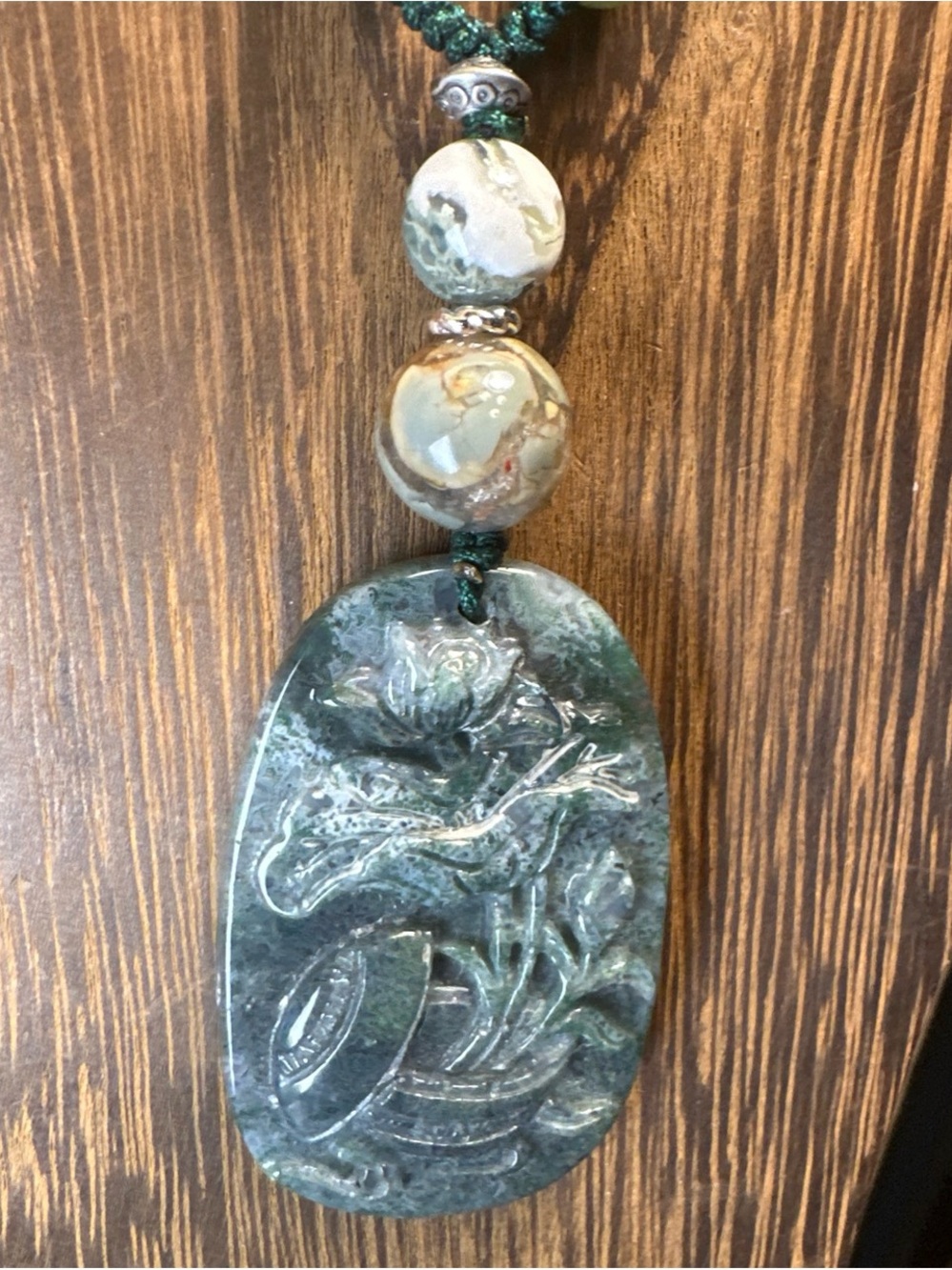 Moss Agate Potted Flower Carving Pendant  Necklace on Colorful Beaded Rope - Picture 6 of 13
